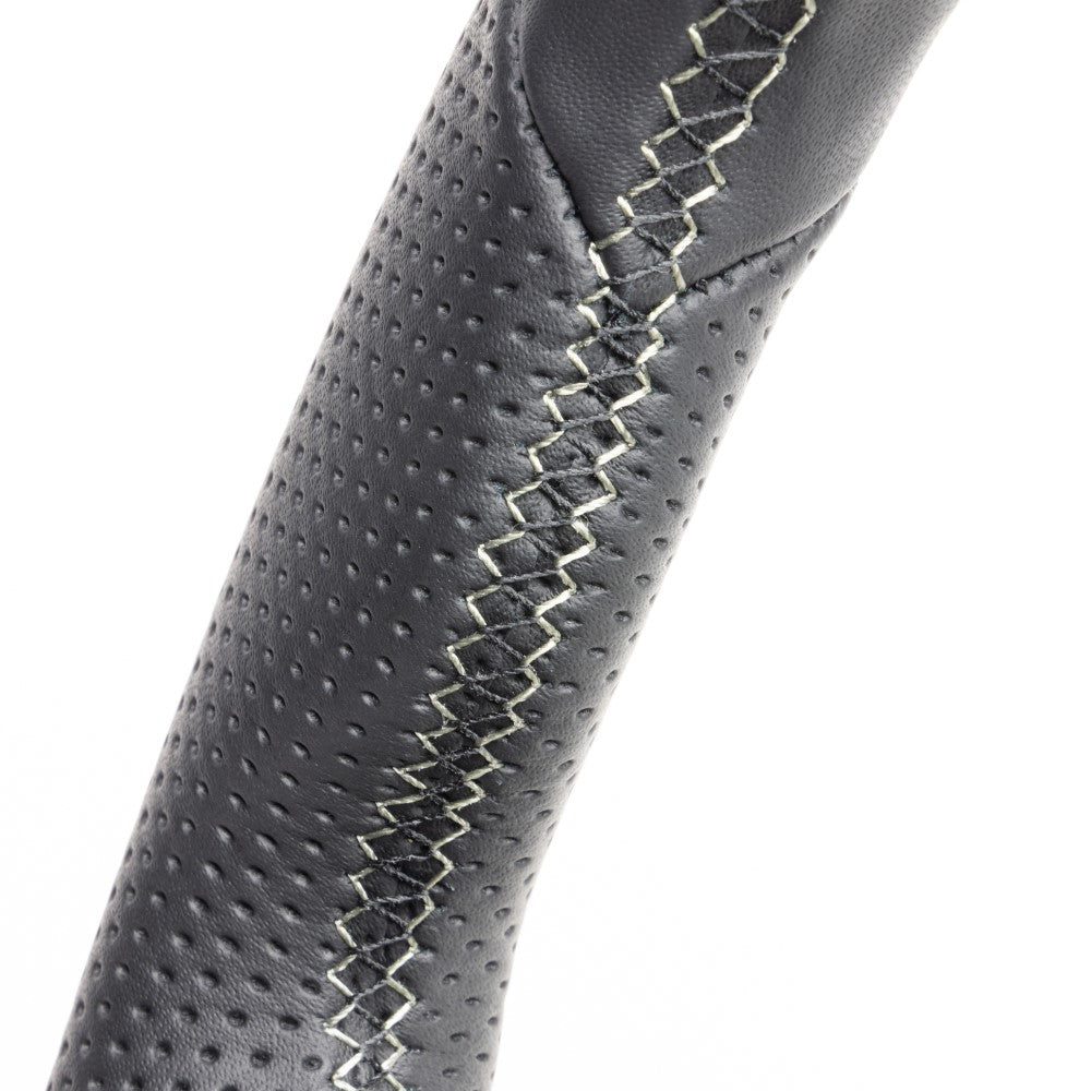 REAL ORIGINAL SERIES SMALL DIAMETER GUN GRIP D SHAPE ALL LEATHER SILVER X BLACK EURO STITCH STEERING WHEEL FOR MAZDA ROADSTER ND5RC ND5RE MZC-LPB-SL