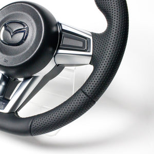 REAL ORIGINAL SERIES SMALL DIAMETER GUN GRIP D SHAPE ALL LEATHER SILVER X BLACK EURO STITCH STEERING WHEEL FOR MAZDA ROADSTER ND5RC ND5RE MZC-LPB-SL