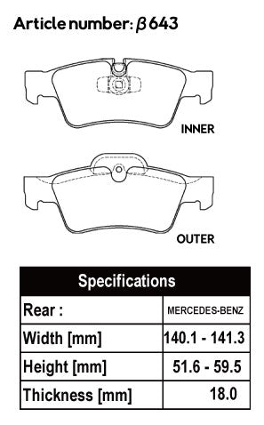 ACRE PC2600 BRAKE PAD REAR FOR MERCEDES BENZ M-CLASS W164 3.0 ML350 BLUE TEC 4-MATIC 164125 β643-PC2600