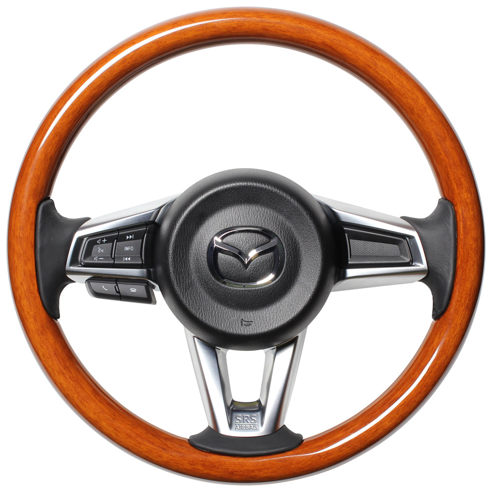 REAL ORIGINAL SERIES ALL WOOD ROUND SHAPE 05 LIGHT BROWN WOOD BLACK EURO STITCH STEERING WHEEL FOR MAZDA ROADSTER RF NDERC  MZCW-LBW-BK
