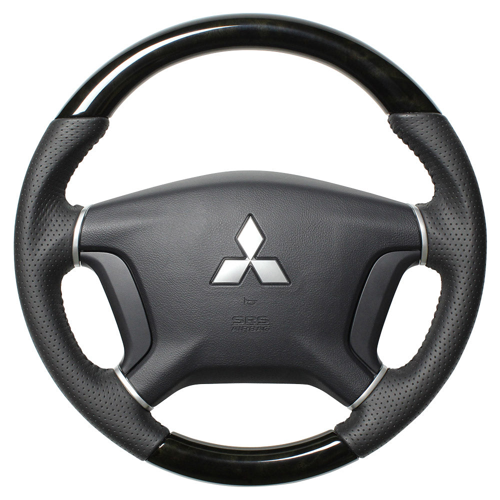 REAL ORIGINAL SERIES ROUND SHAPE BLACK WOOD BLACK STITCH STEERING WHEEL FOR MITSUBISHI PAJERO V8 W V9 W  D5-BKW-BK