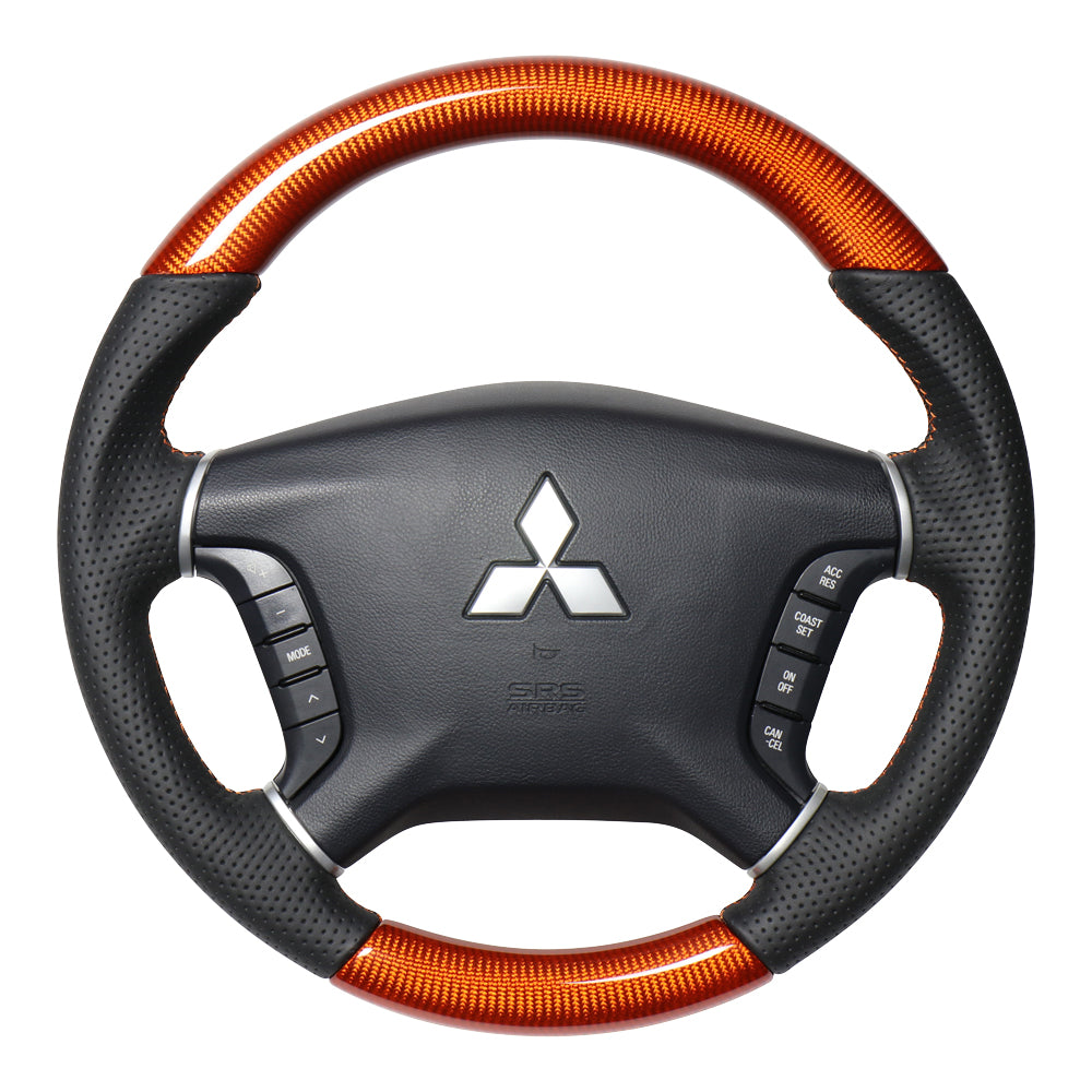 REAL ORIGINAL SERIES ROUND SHAPE ORANGE CARBON ORANGE X BLACK EURO STITCH STEERING WHEEL FOR MITSUBISHI PAJERO V8 W V9 W  D5-ORC-OR - Black Hawk Japan