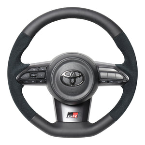 REAL ORIGINAL SERIES SOFT D SHAPE BLACK LEATHER & BLACK ULTRA SUEDE SILVER X BLACK EURO STITCH STEERING WHEEL FOR TOYOTA GR COROLLA GZEA14H  TYI-ALC-SL