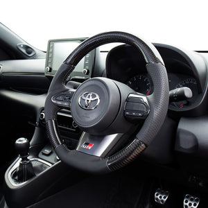 REAL ORIGINAL SERIES SOFT D SHAPE BLACK CARBON SILVER X BLACK EURO STITCH STEERING WHEEL FOR TOYOTA GR COROLLA GZEA14H  TYI-BKC-SL