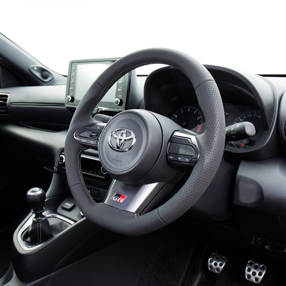 REAL ORIGINAL SERIES SOFT D SHAPE ALL LEATHER SILVER X BLACK EURO STITCH STEERING WHEEL FOR TOYOTA GR COROLLA GZEA14H  TYI-LPB-SL