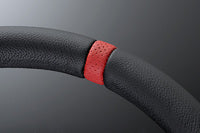 MOMO FORTUNE FULL SPEED 348D 90 BLACK LEATHER BLACK SPOKE RED TOP STEERING WHEEL MOMO-00015
