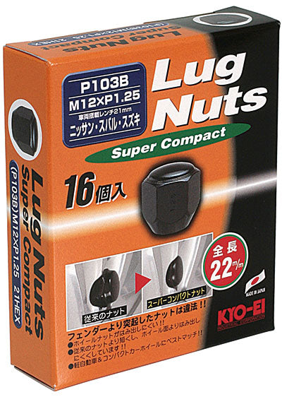 KYO-EI LUG NUT SUPER COMPACT 21HEX 16PCS M12xP1.25 BLACK P103B-16P
